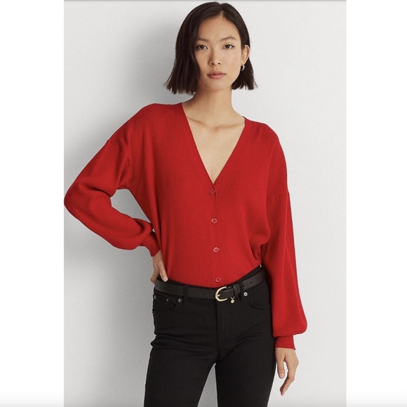 Lauren Ralph Lauren Blouson-Sleeve Cardigan, Red - Picture 1 of 5